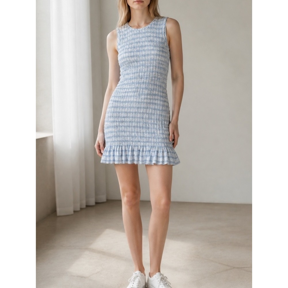 American Eagle Smocked Plaid Mini Dress Womens XS Blue Ruffle Cottagecore Resort